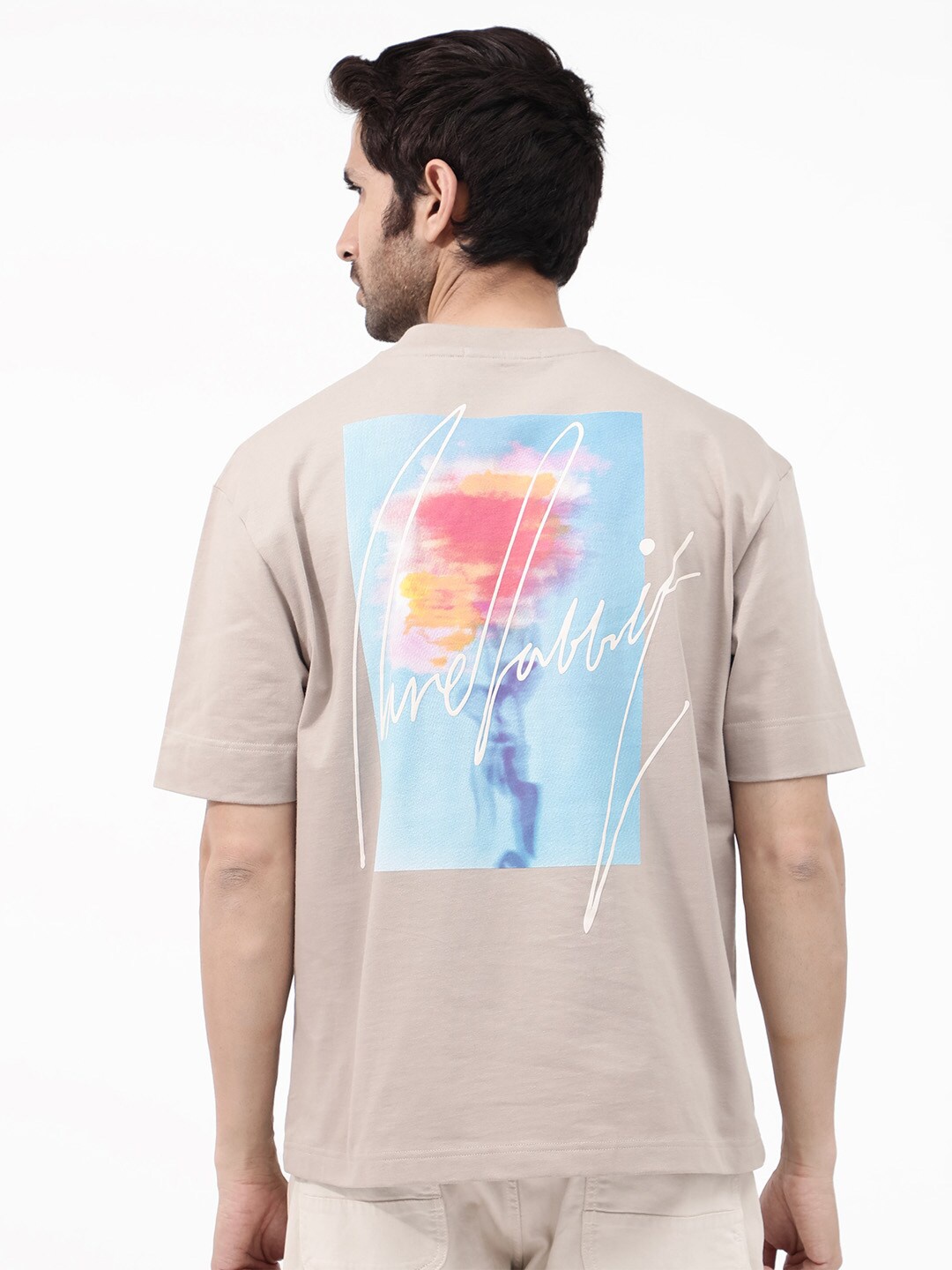 

RARE RABBIT Men Quade Graphic Printed Oversized T-Shirt, Beige