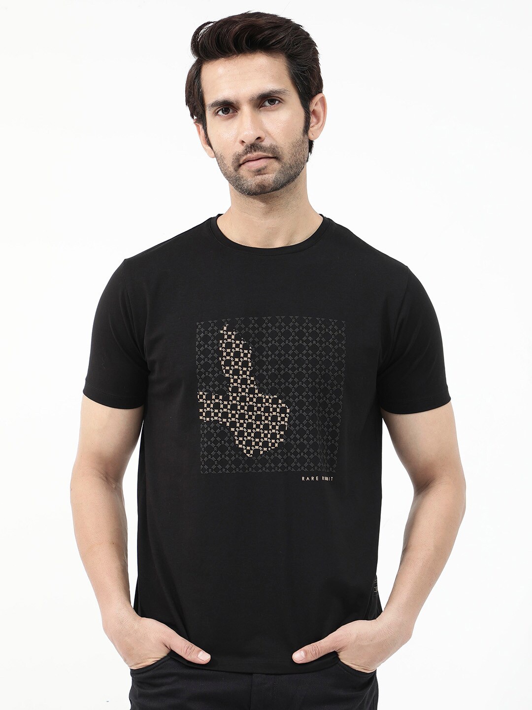 

RARE RABBIT Men Gene Geometric Printed Round Neck Short Sleeves Regular T-Shirt, Black