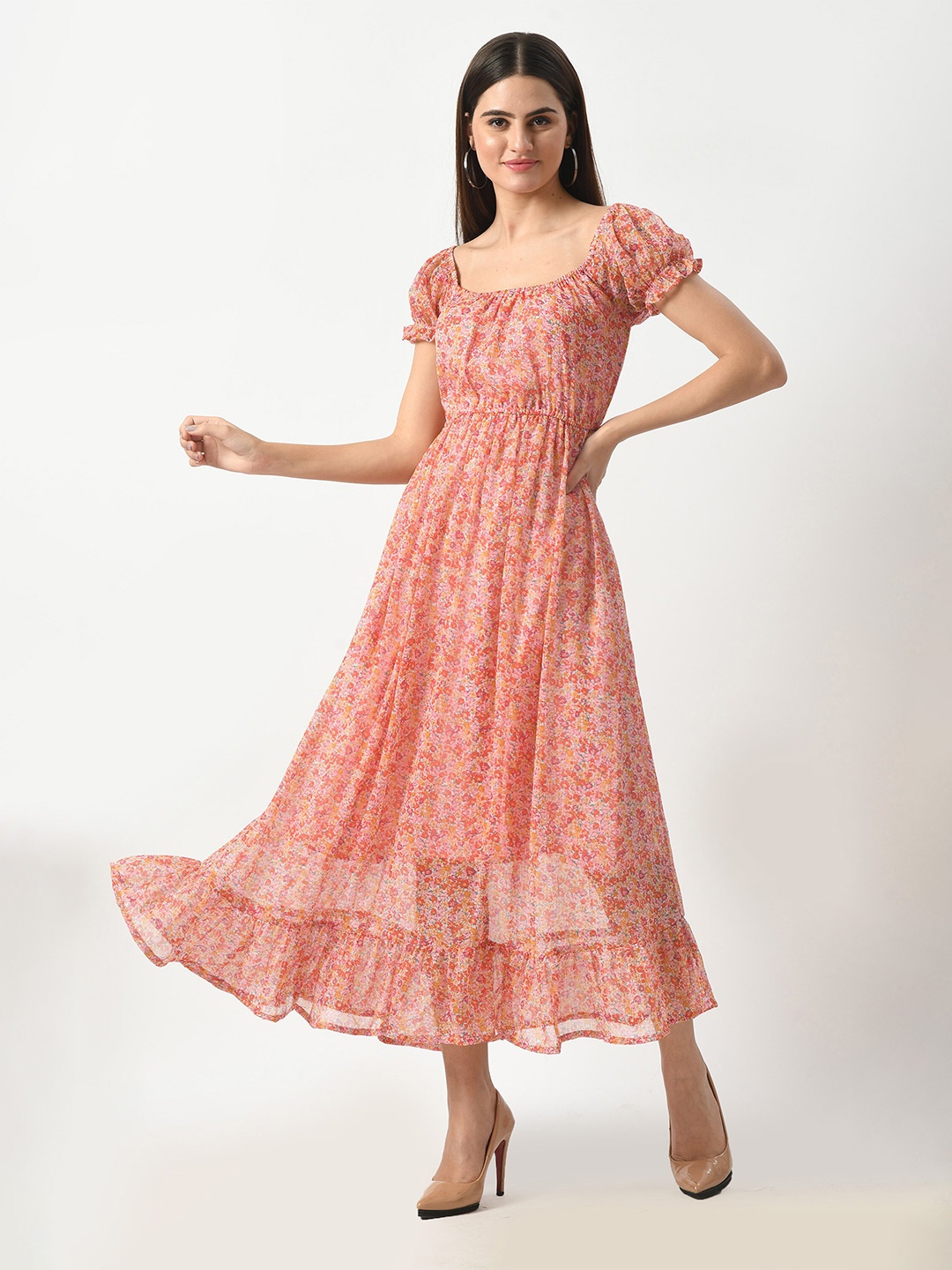 

HERE&NOW Ethnic Motifs Printed Puff Sleeve Chiffon Fit & Flare Georgette Midi Dress, Pink