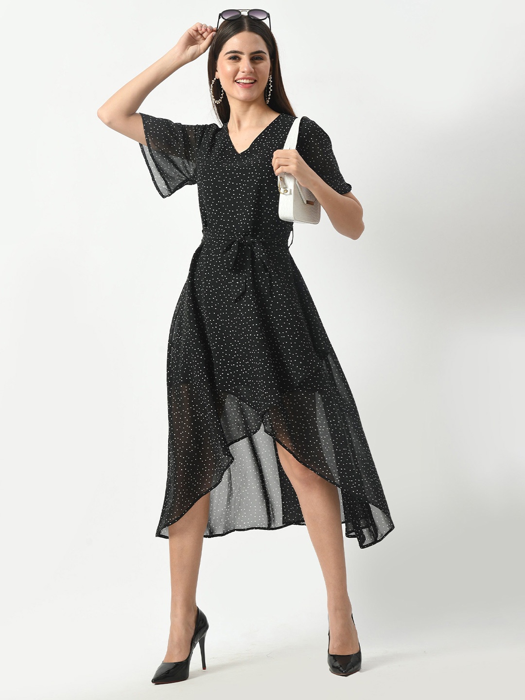 

HERE&NOW Abstract Printed Flared Sleeve Georgette Fit & Flare Midi Dress, Black