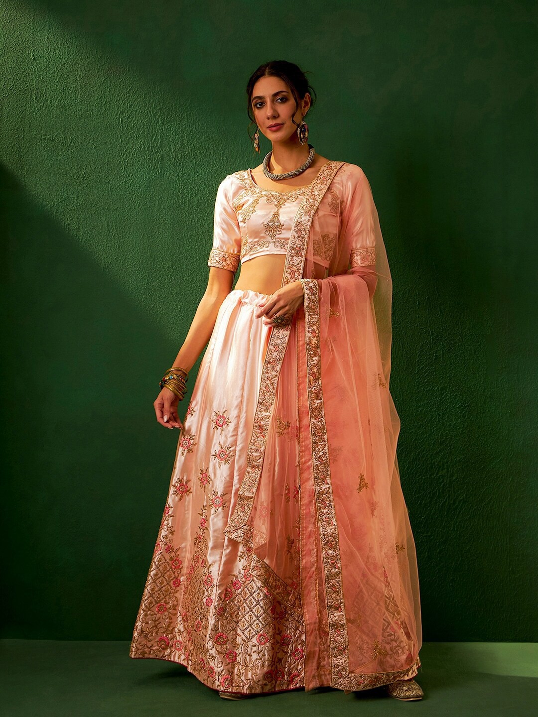 

MANVAA Embellished Semi-Stitched Lehenga & Unstitched Blouse With Dupatta, Pink