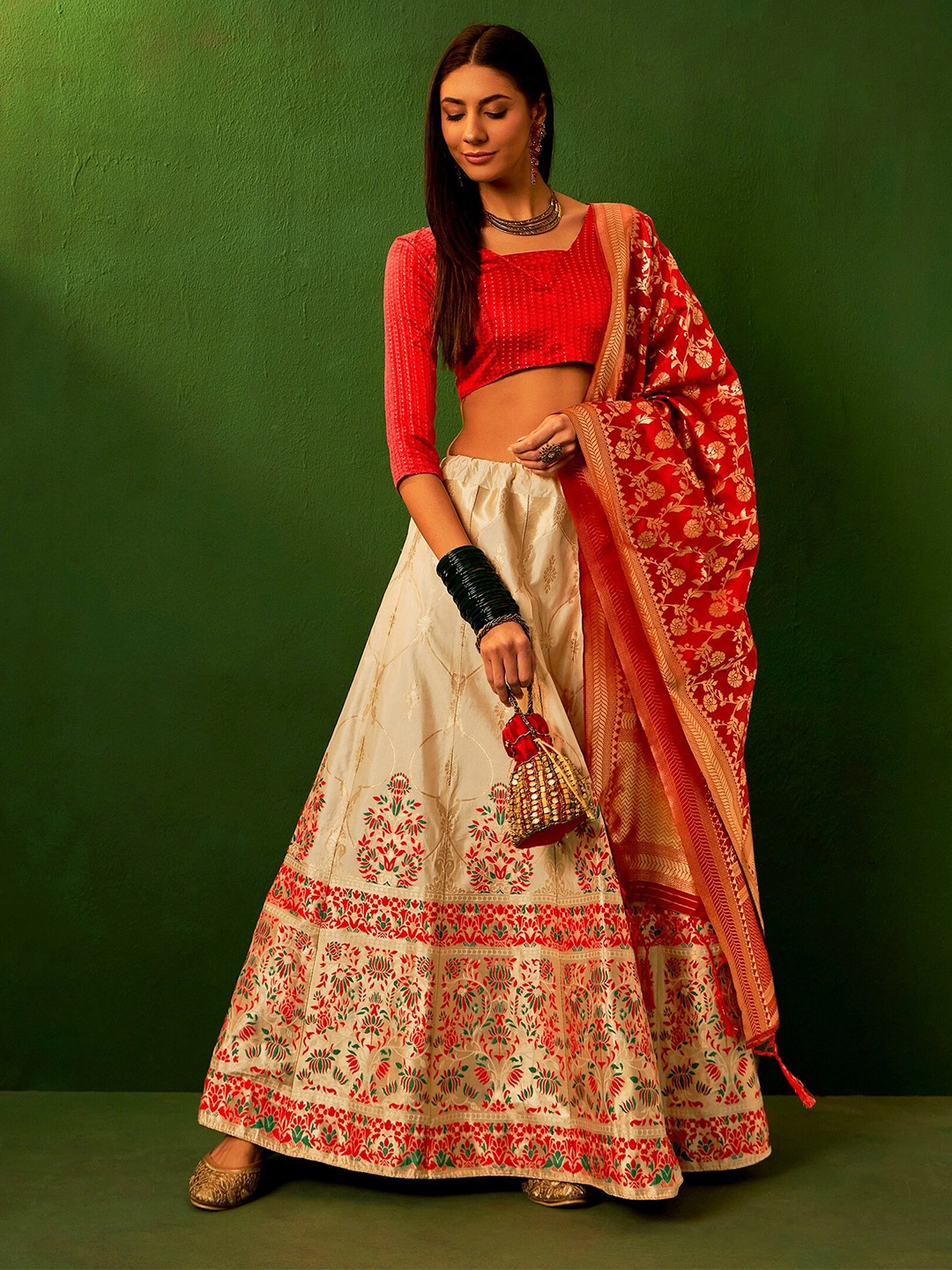 

MANVAA Semi-Stitched Lehenga & Unstitched Blouse With Dupatta, Beige