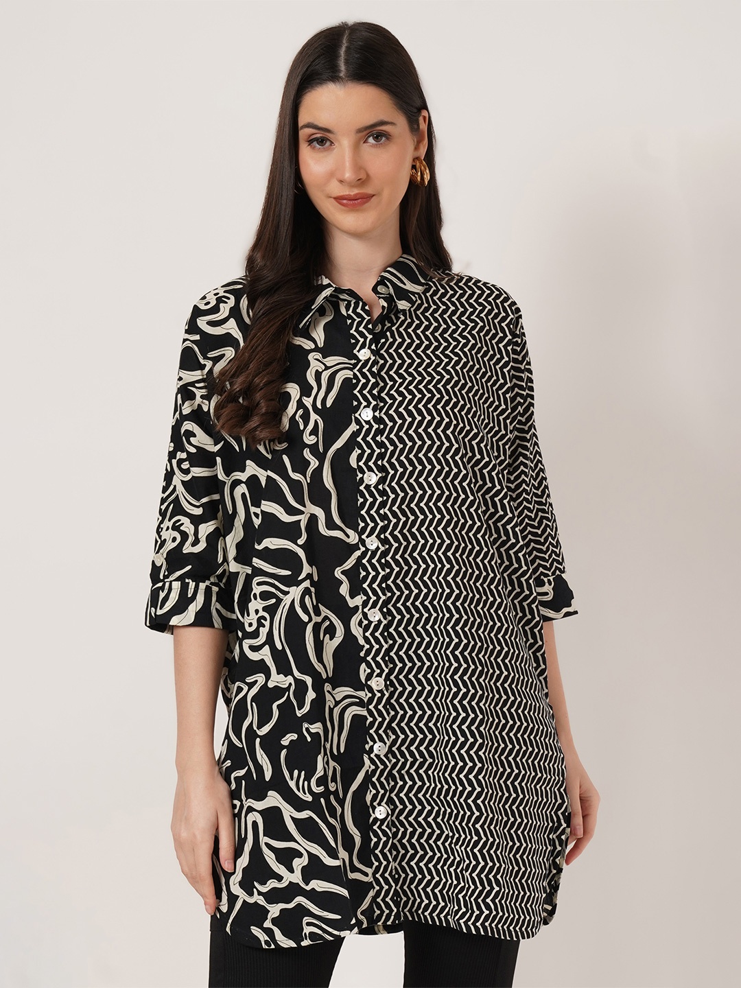 

KALINI Classic Abstract Printed Jaipuri Cotton Casual Shirt, Black