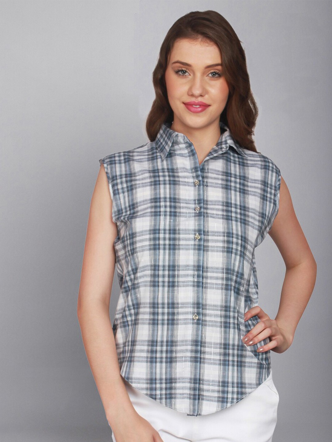 

urSense Tartan Checked Sleeveless Cotton Shirt, Blue