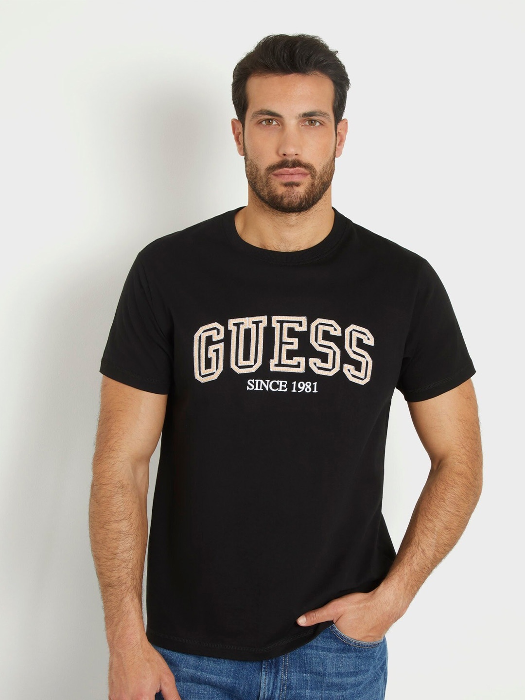 GUESS Typography Printed Cotton Cotton T-shirt, Black