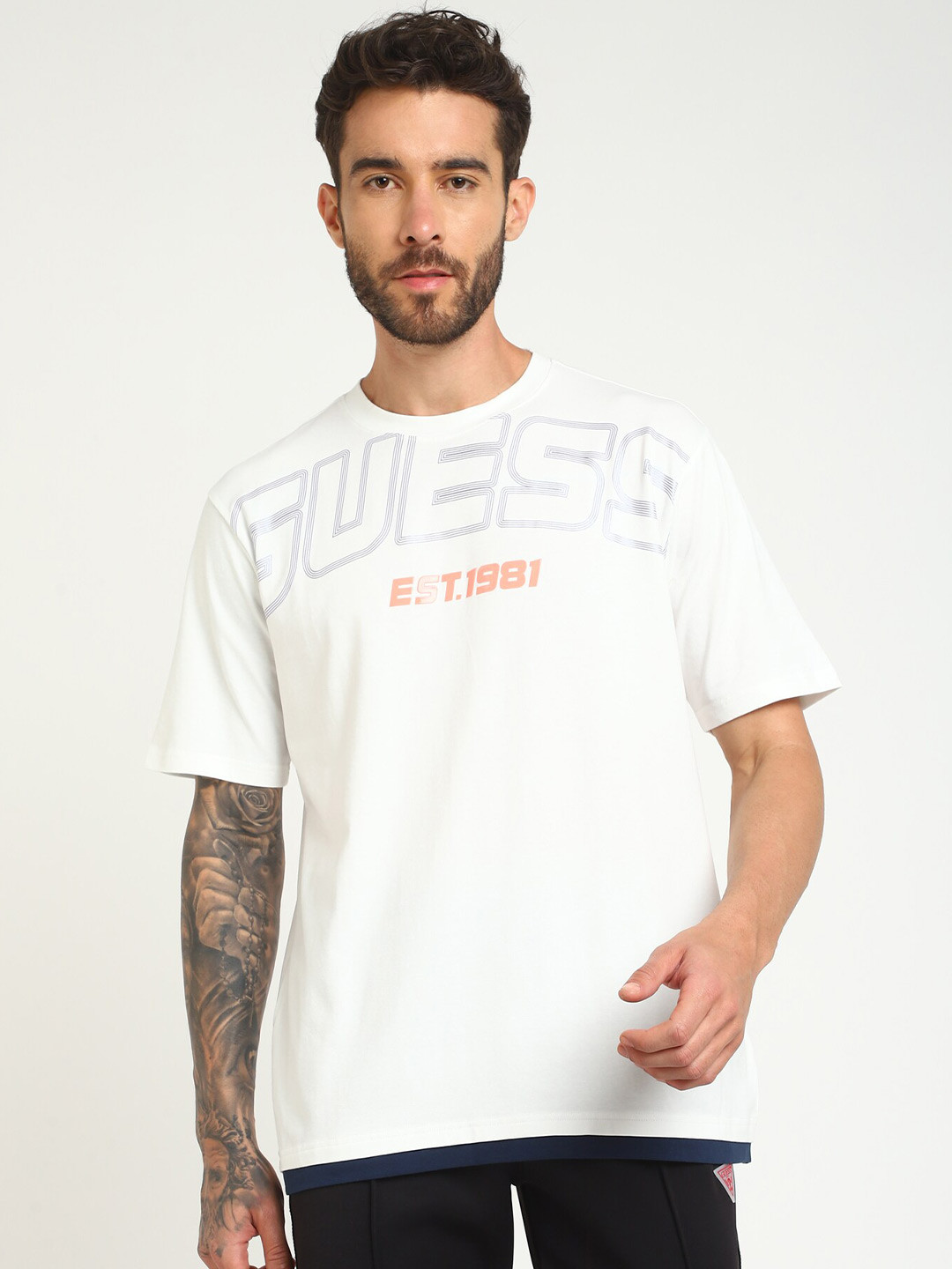 

GUESS Typography Printed Round Neck Short Sleeves Cotton Casual T-shirt, White