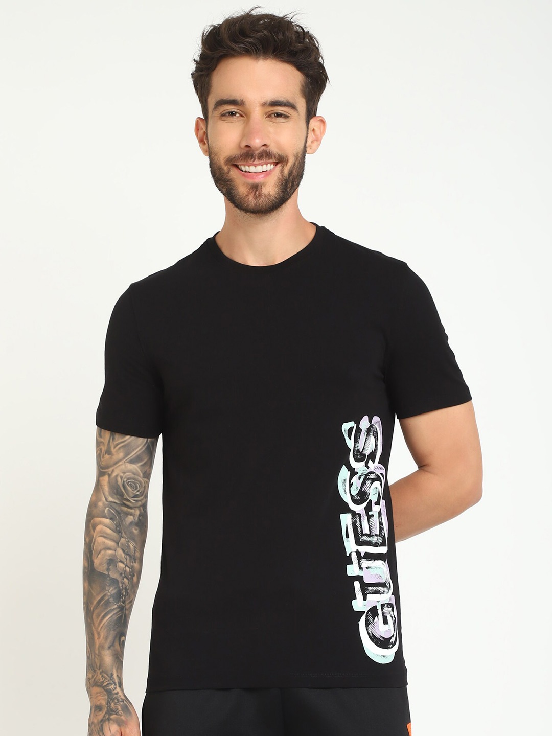 

GUESS Typography Printed Round Neck Short Sleeves Cotton Casual T-shirt, Black