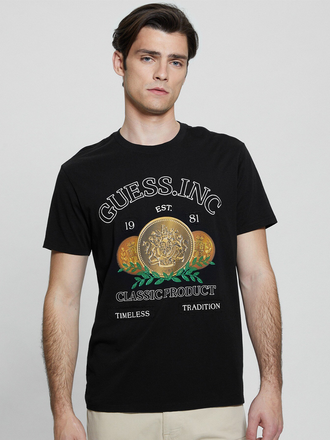 

GUESS Typography Printed Cotton T-shirt, Black
