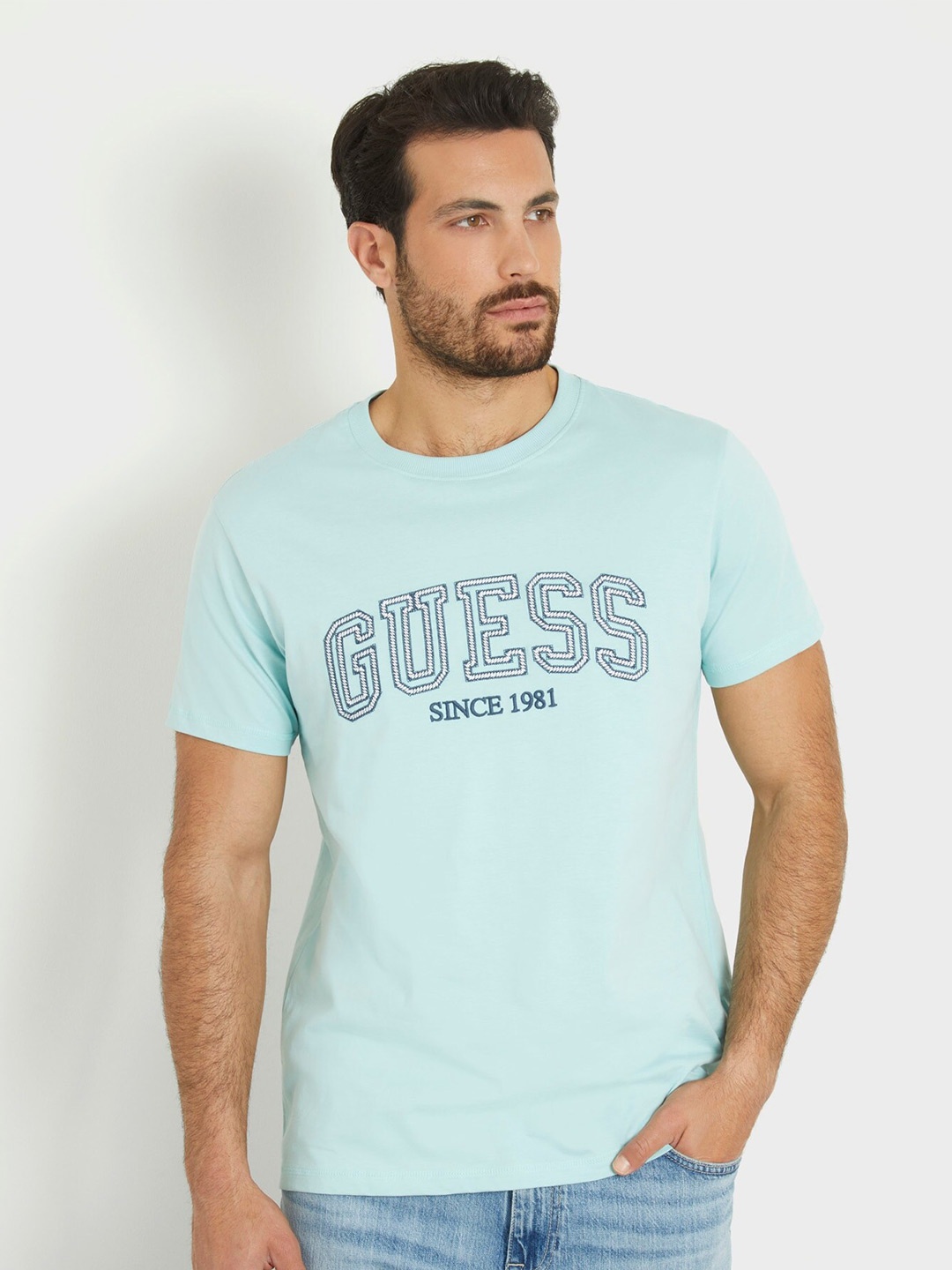 

GUESS Typography Printed Round Neck Short Sleeves Cotton Casual T-shirt, Blue