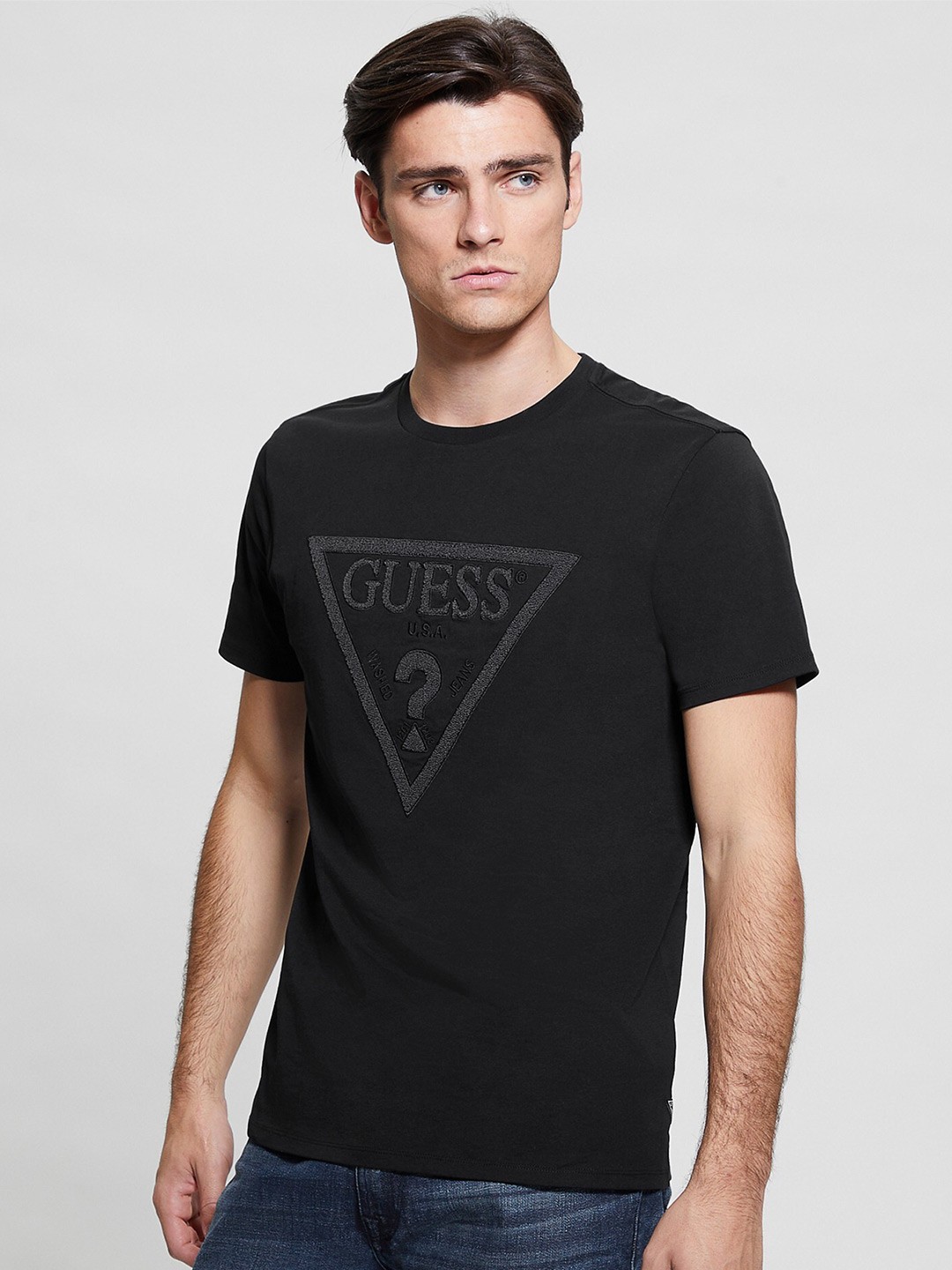 

GUESS Typography Printed Round Neck Short Sleeves Cotton Casual T-shirt, Black