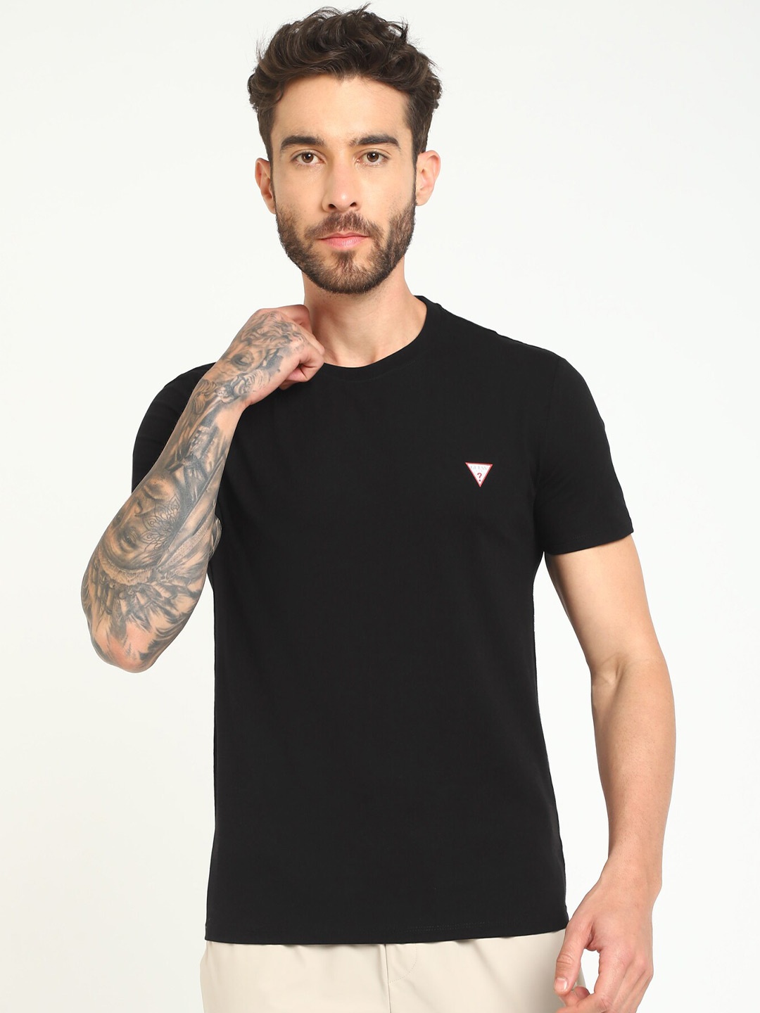 

GUESS Round Neck Short Sleeves Cotton Casual T-shirt, Black