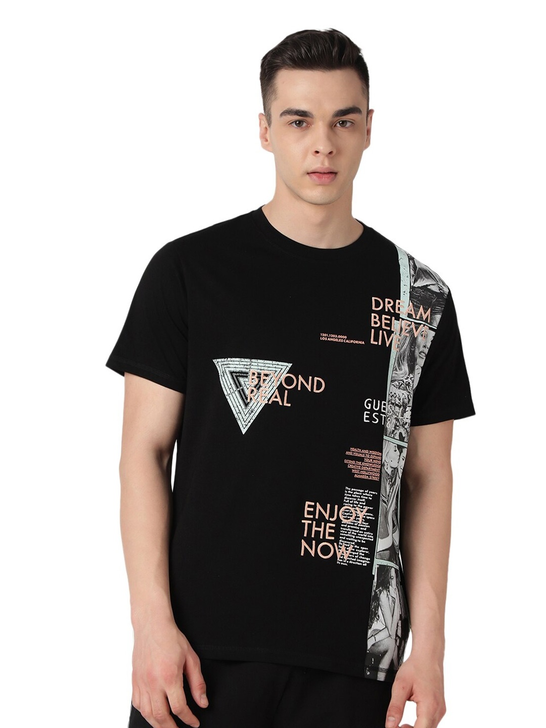 

GUESS Typography Printed Round Neck Short Sleeves Cotton Casual T-shirt, Black