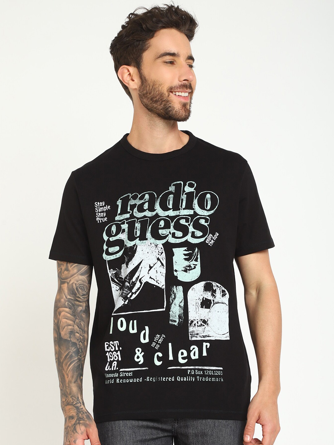 

GUESS Typography Printed Cotton T-shirt, Black