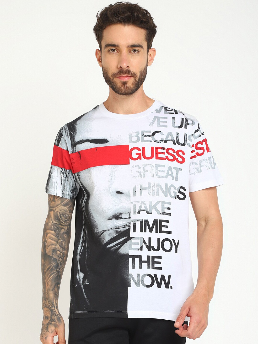 

GUESS Typography Printed Cotton T-shirt, White