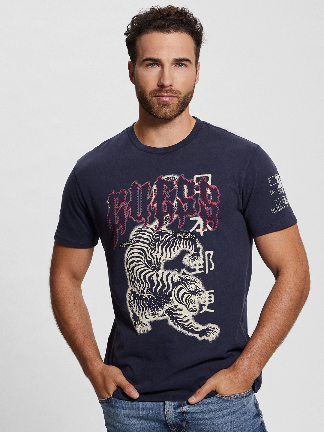 

GUESS Typography Printed Cotton T-shirt, Blue