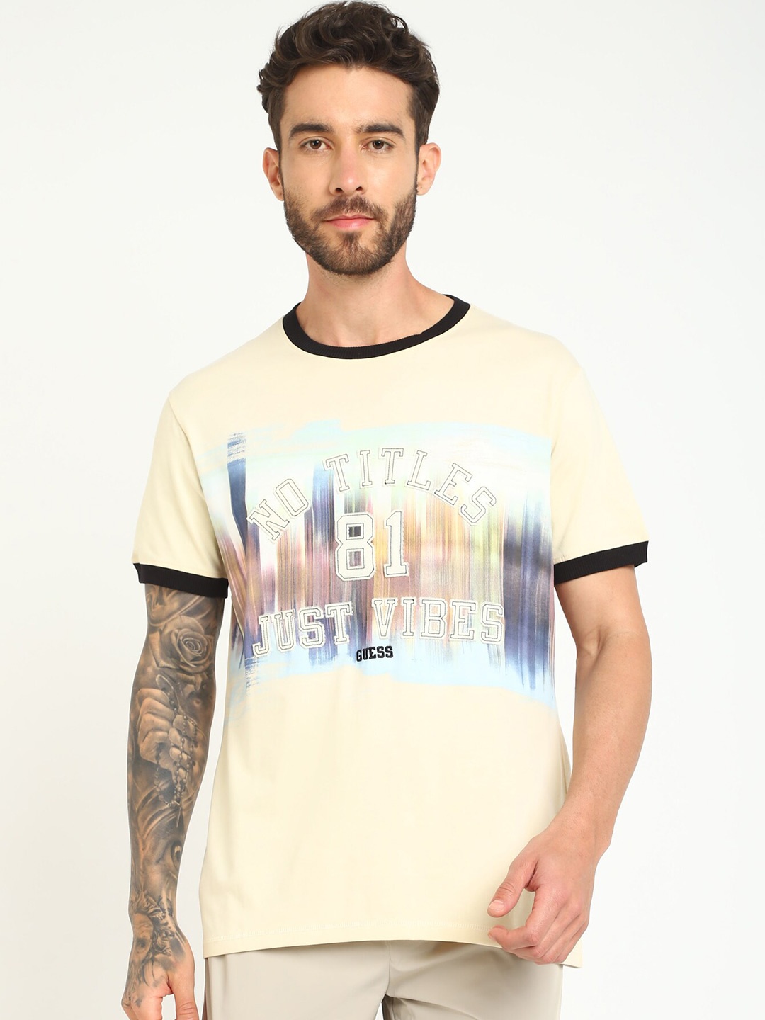 GUESS Typography Printed Round Neck Short Sleeves Cotton Casual T-shirt, Yellow
