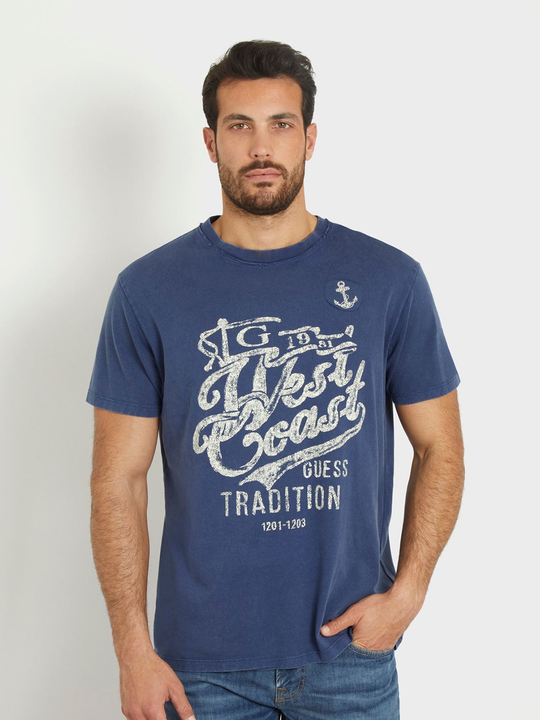 GUESS Typography Printed Cotton T-shirt, Grey