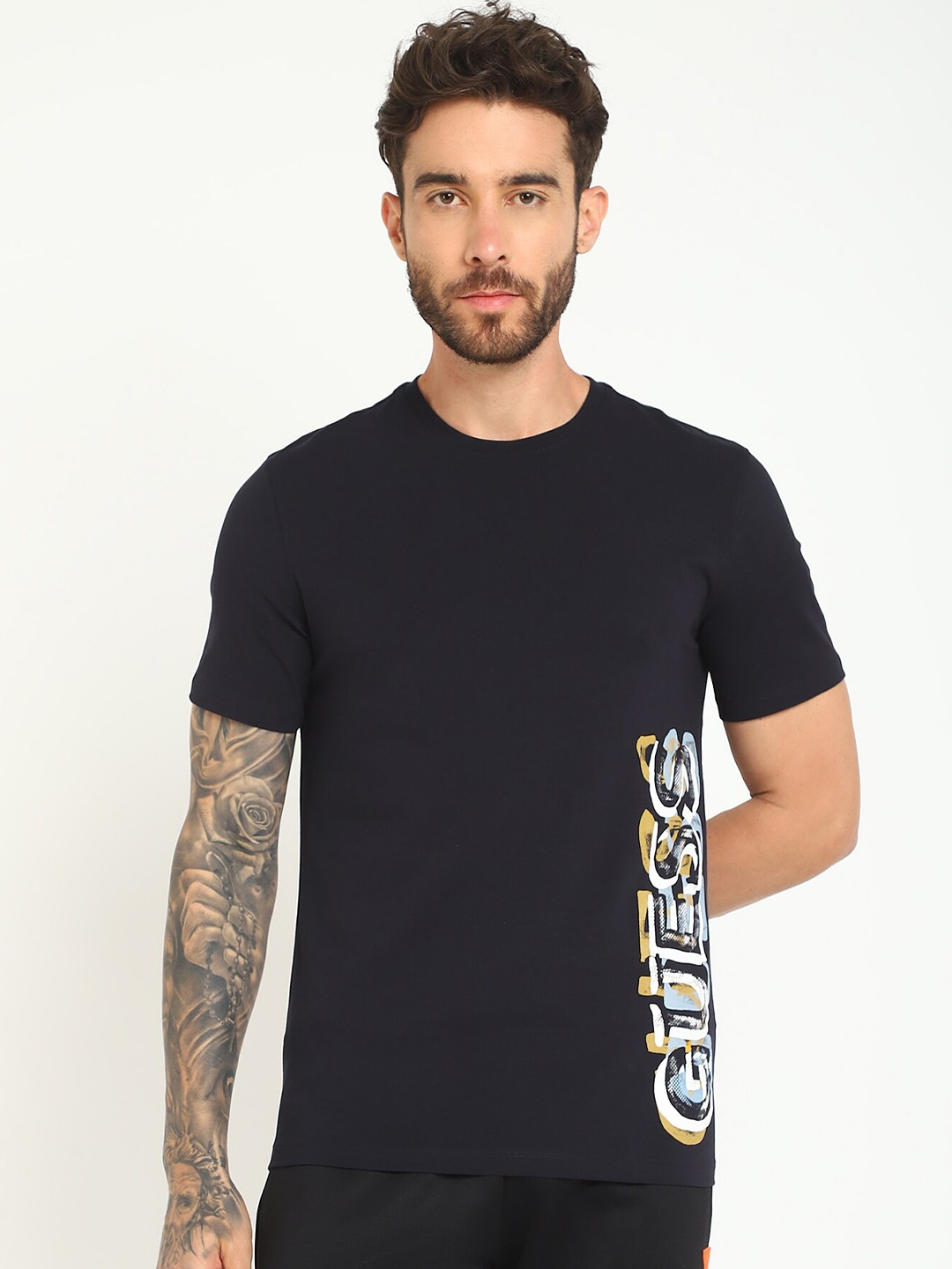 

GUESS Typography Printed Cotton T-shirt, Blue