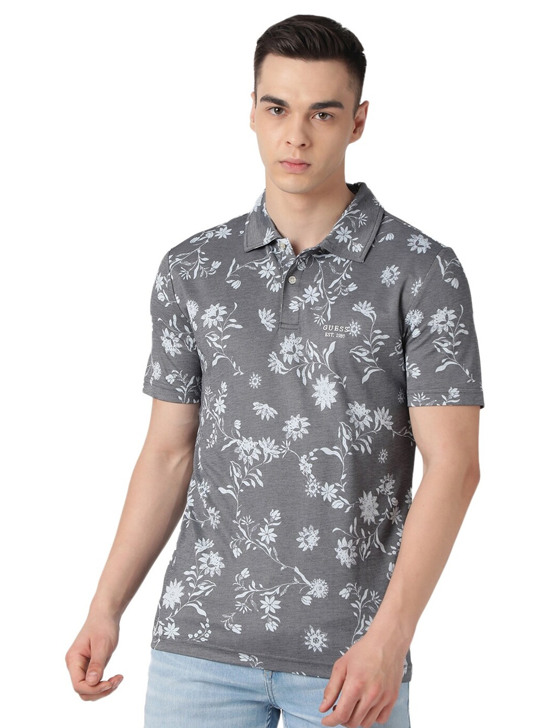 

GUESS Floral Printed Polo Collar Short Sleeve Casual T-shirt, Blue