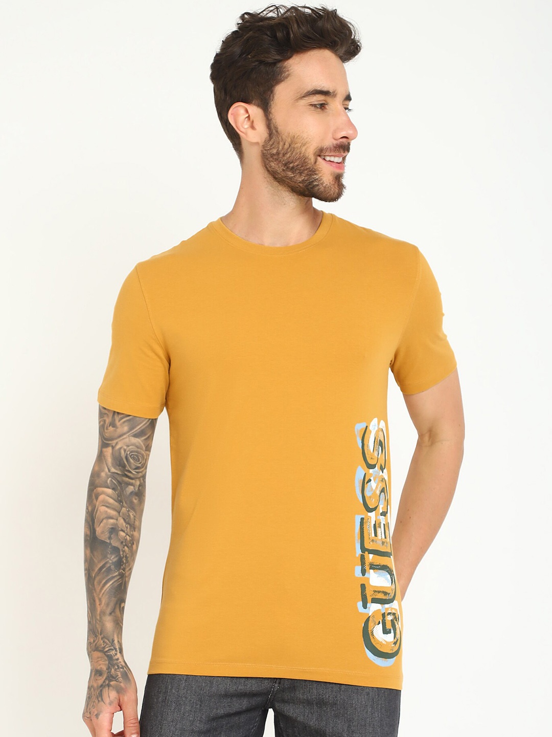 GUESS Typography Printed Round Neck Short Sleeves Cotton Casual T-shirt, Green