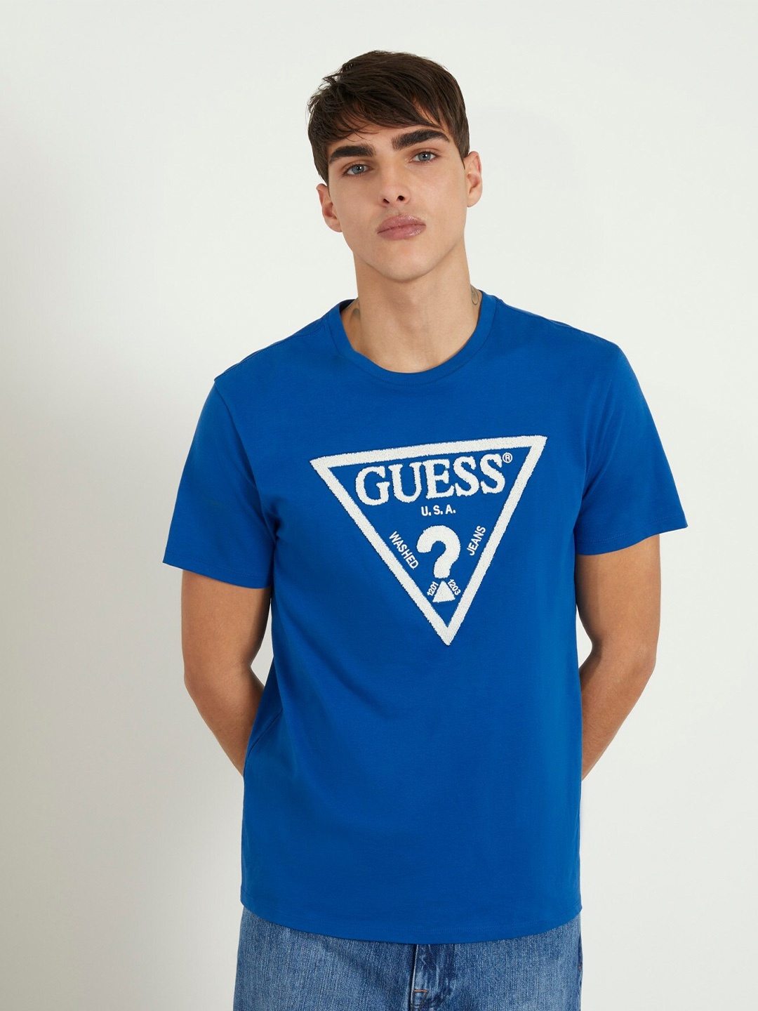 GUESS Typography Printed Round Neck Short Sleeves Cotton Casual T-shirt, Blue