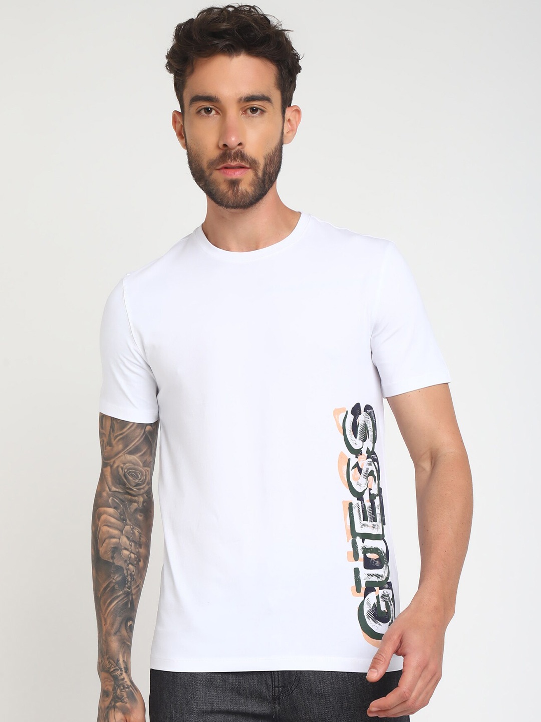 GUESS Typography Printed Cotton T-shirt, White