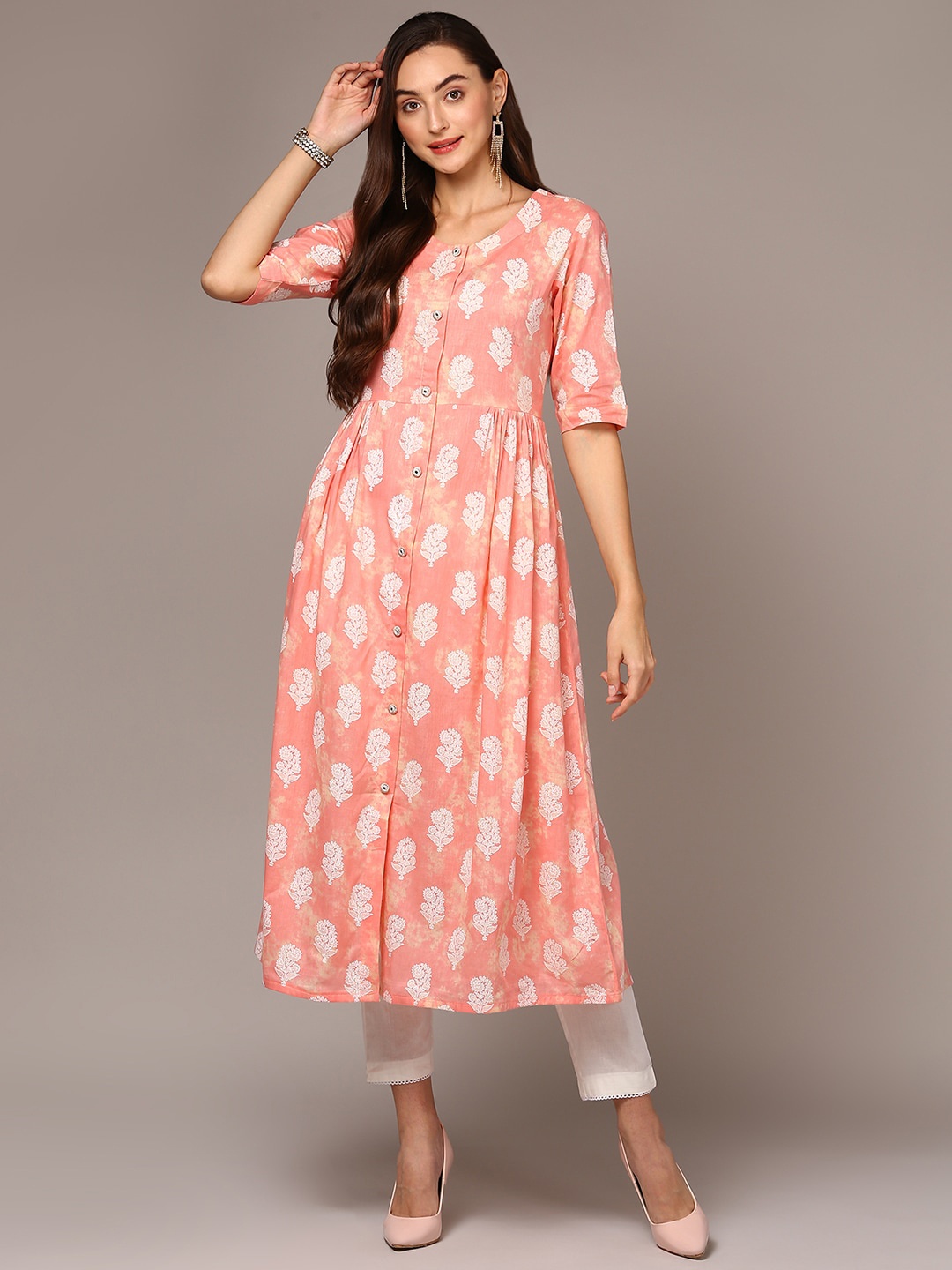 

AHIKA Ethnic Motifs Printed Pure Cotton Pleated A-Line Kurta, Pink