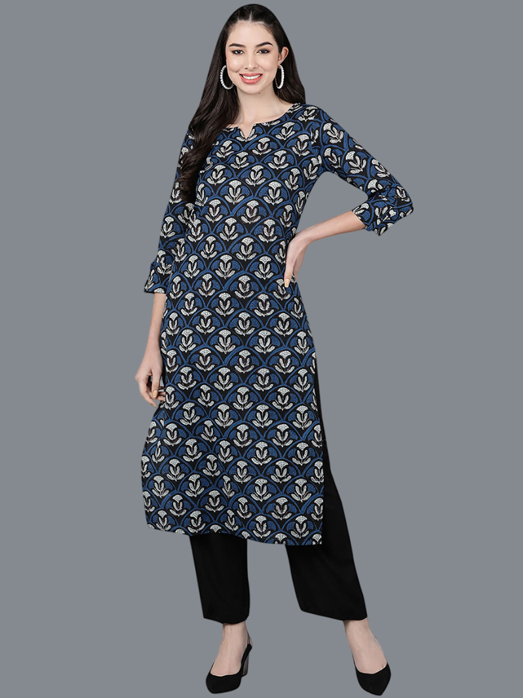 

AHIKA Ethnic Motifs Printed Roll-Up Sleeves Straight Kurta, Navy blue