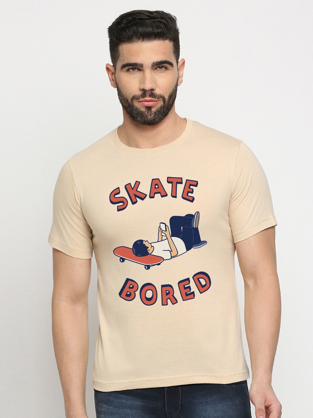 

MOD ECRU Typography Printed Cotton T-shirt, Cream