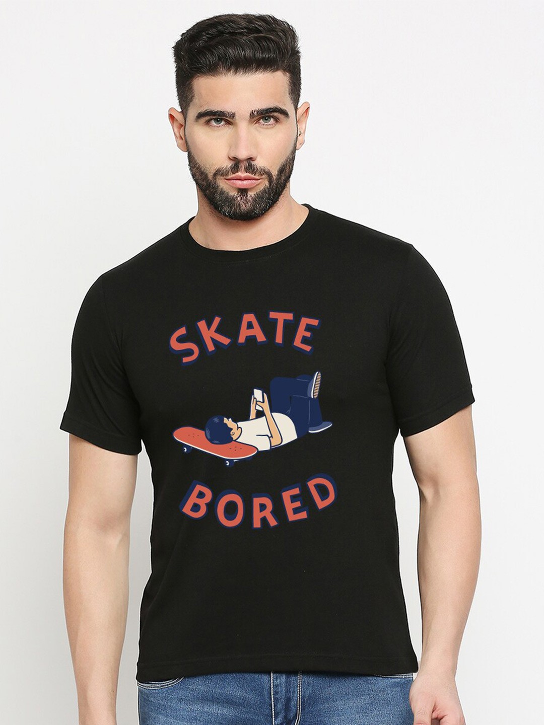 

MOD ECRU Typography Printed Cotton T-shirt, Black