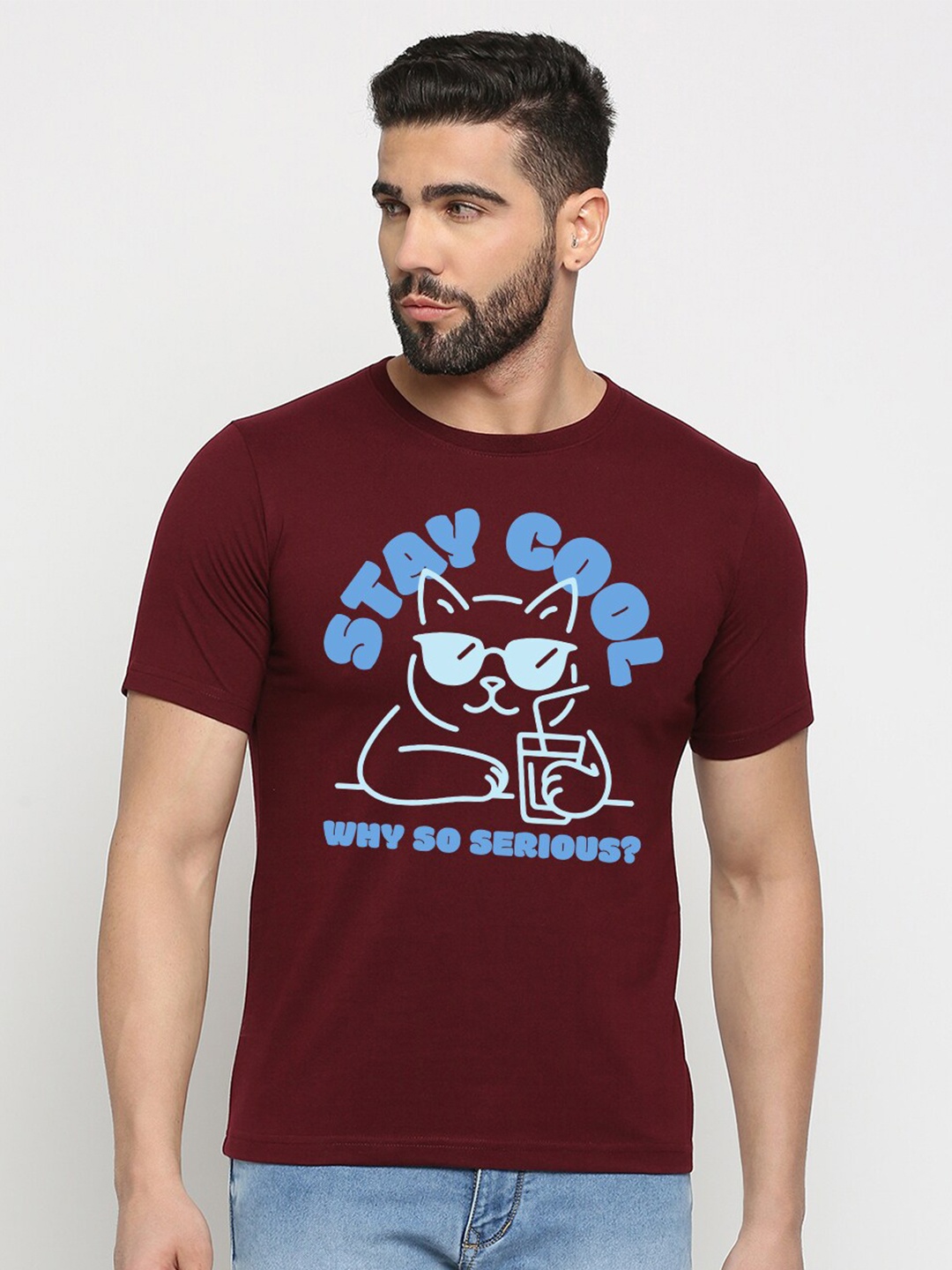 

MOD ECRU Graphic Printed Round Neck Short Sleeves Cotton T-shirt, Maroon