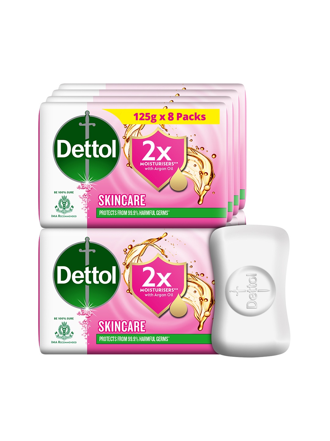 

Dettol Set Of 8 Skincare 2x Moisturisers Bathing Bar Soap With Argan Oil - 125g Each, Pink