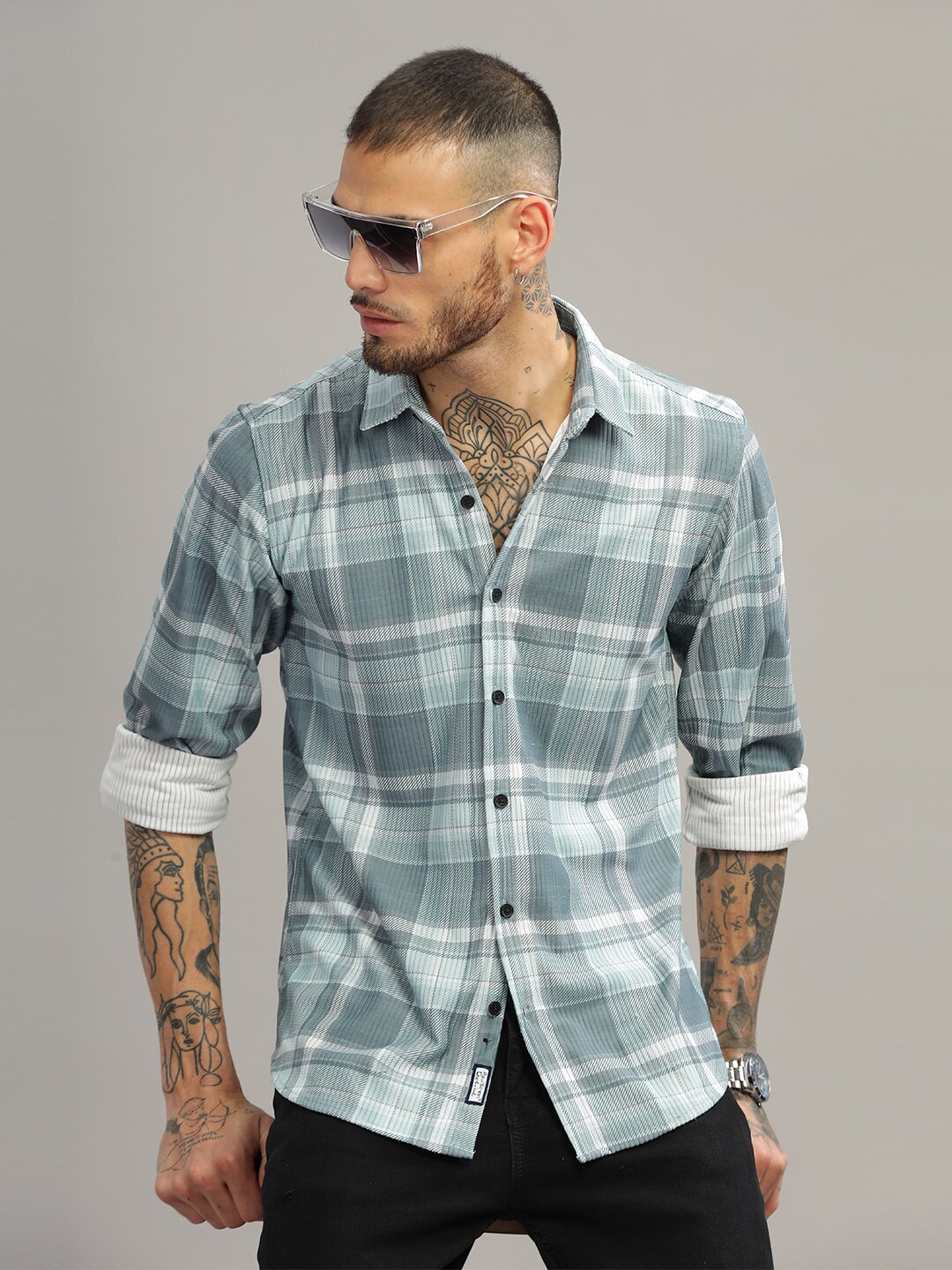 

PAUL STREET Standard Slim Fit Tartan Checks Spread Collar Casual Shirt, Green