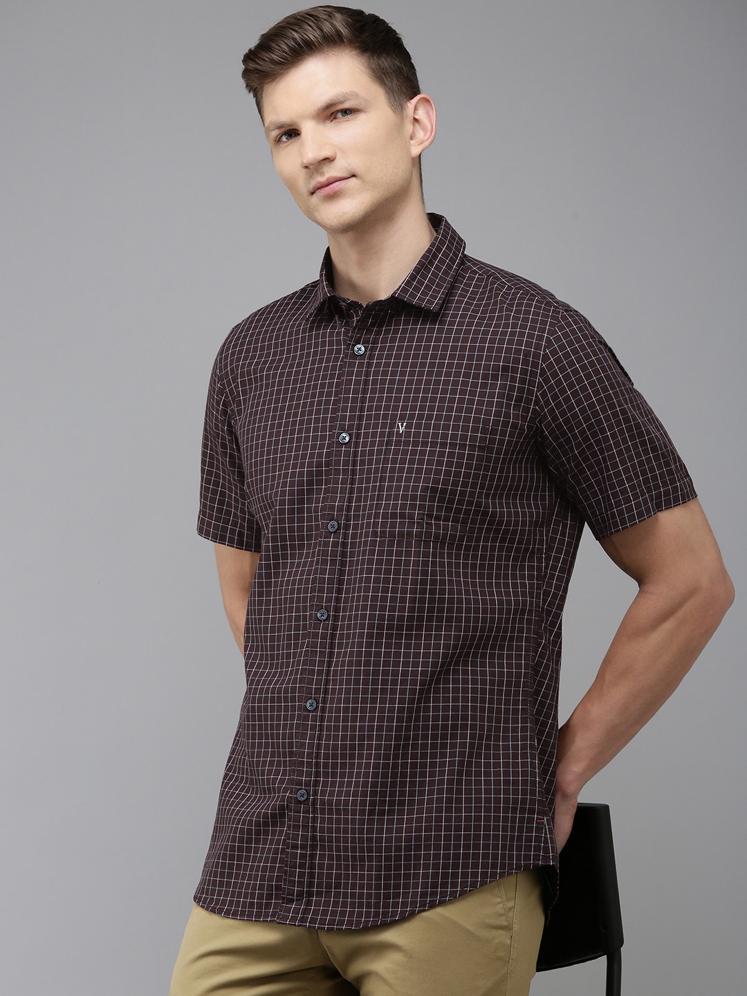 

Van Heusen Sport Pure Cotton Slim Fit Grid Tattersall Checked Casual Shirt, Brown