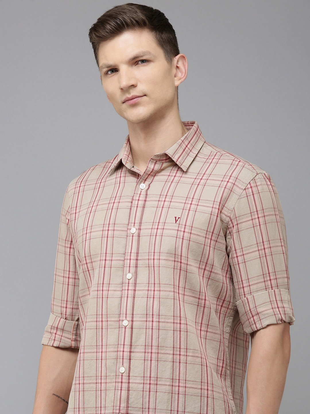 

Van Heusen Sport Linen Cotton Slim Fit Opaque Checked Casual Shirt, Beige