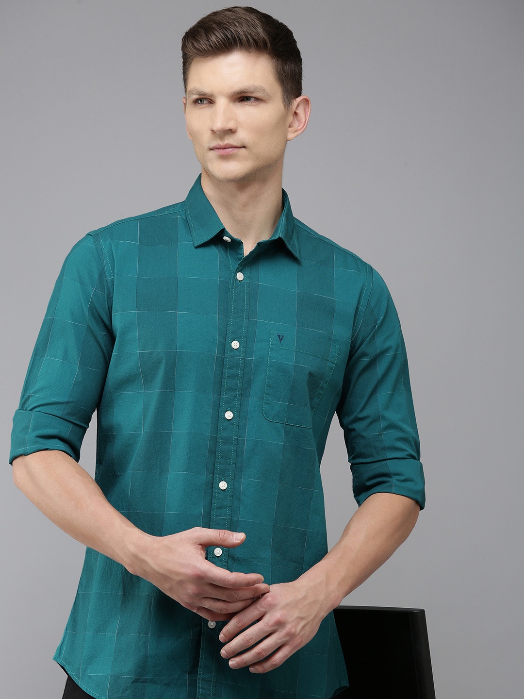 

Van Heusen Sport Slim Fit Checked Pure Cotton Casual Shirt, Teal