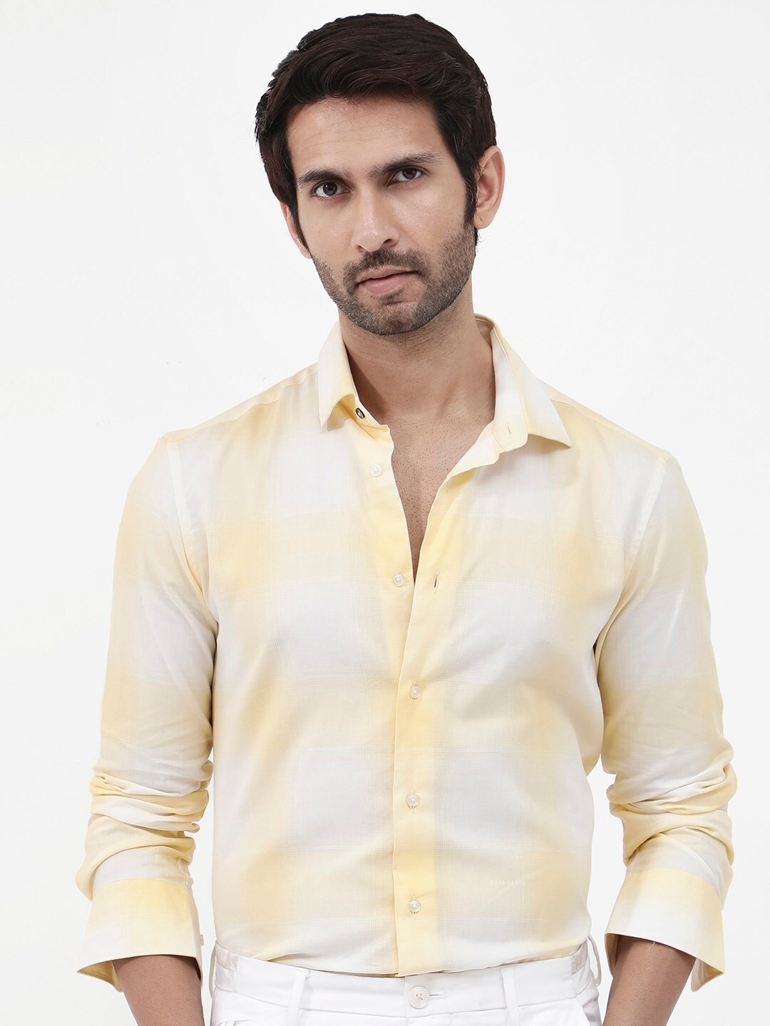 

RARE RABBIT Men Gabin Regular Fit Checked Spread Collar Shirt, Yellow