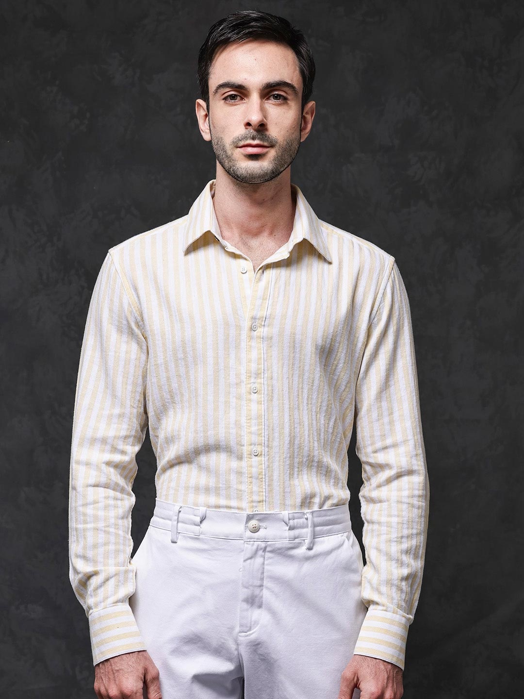 

RARE RABBIT Men Dopple Regular Fit Classic Striped Spread Collar Shirt, Yellow