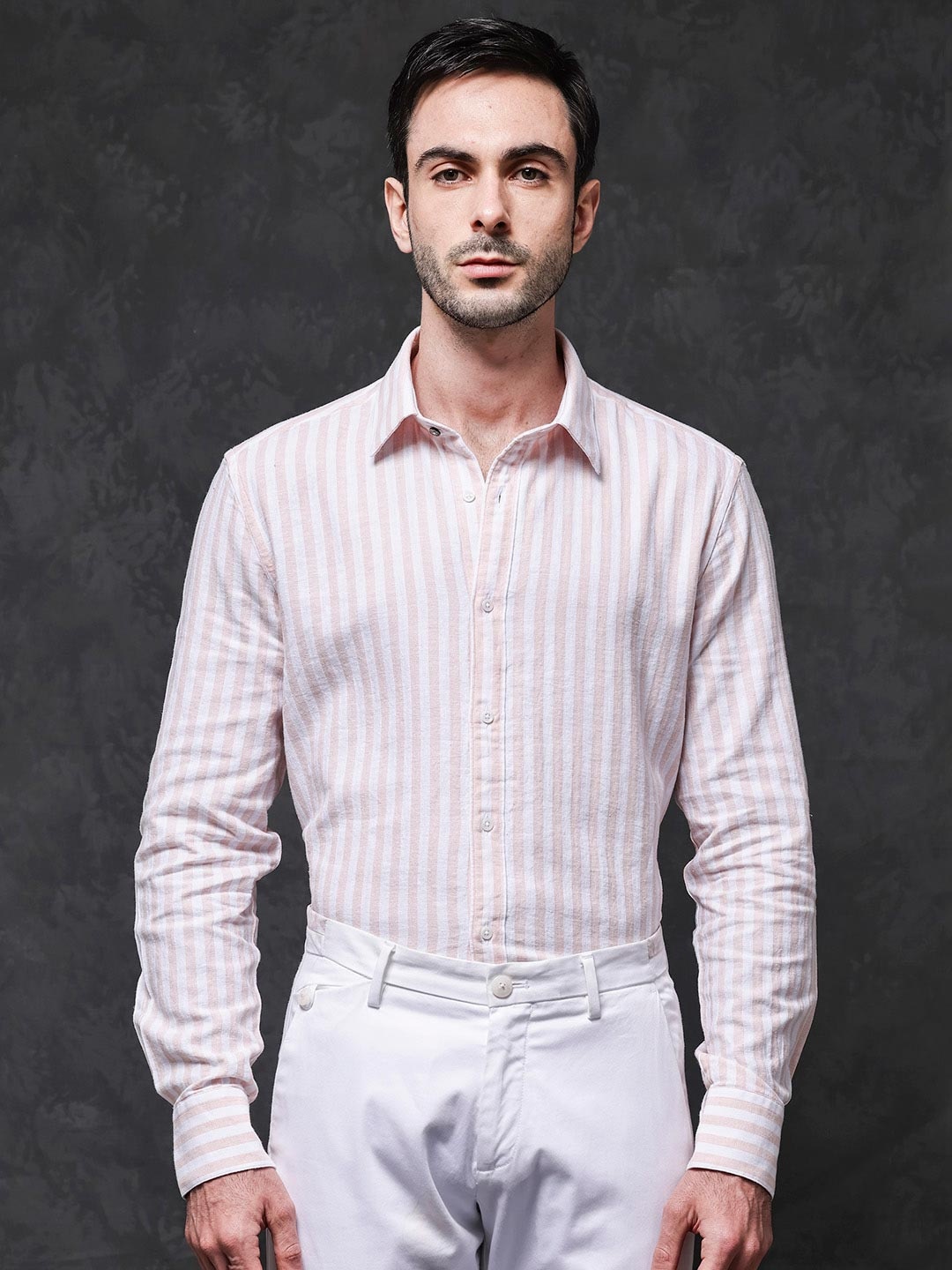 

RARE RABBIT Men Dopple Regular Fit Classic Striped Spread Collar Shirt, Peach