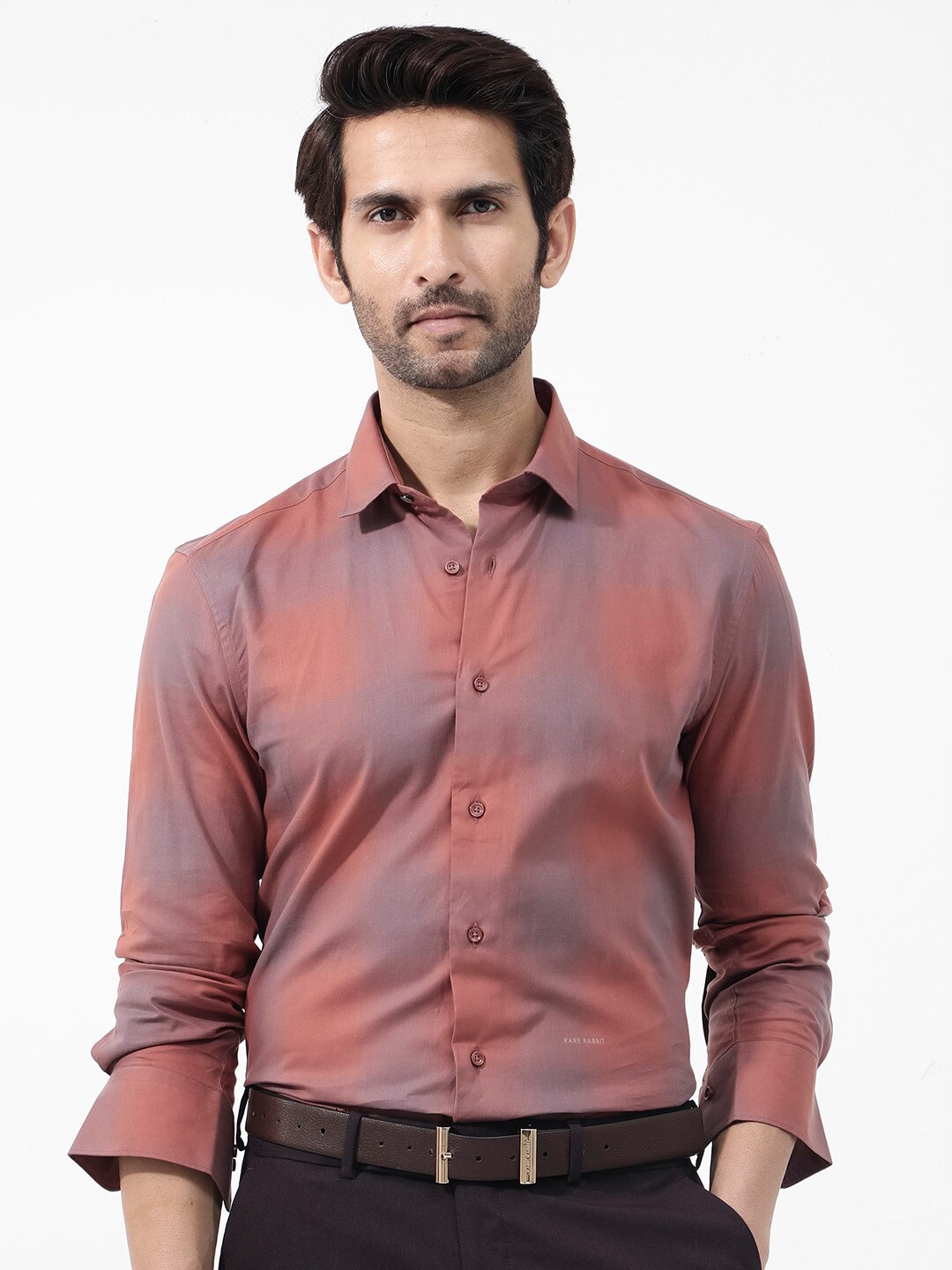

RARE RABBIT Men Gabin Regular Fit Checked Spread Collar Shirt, Rust