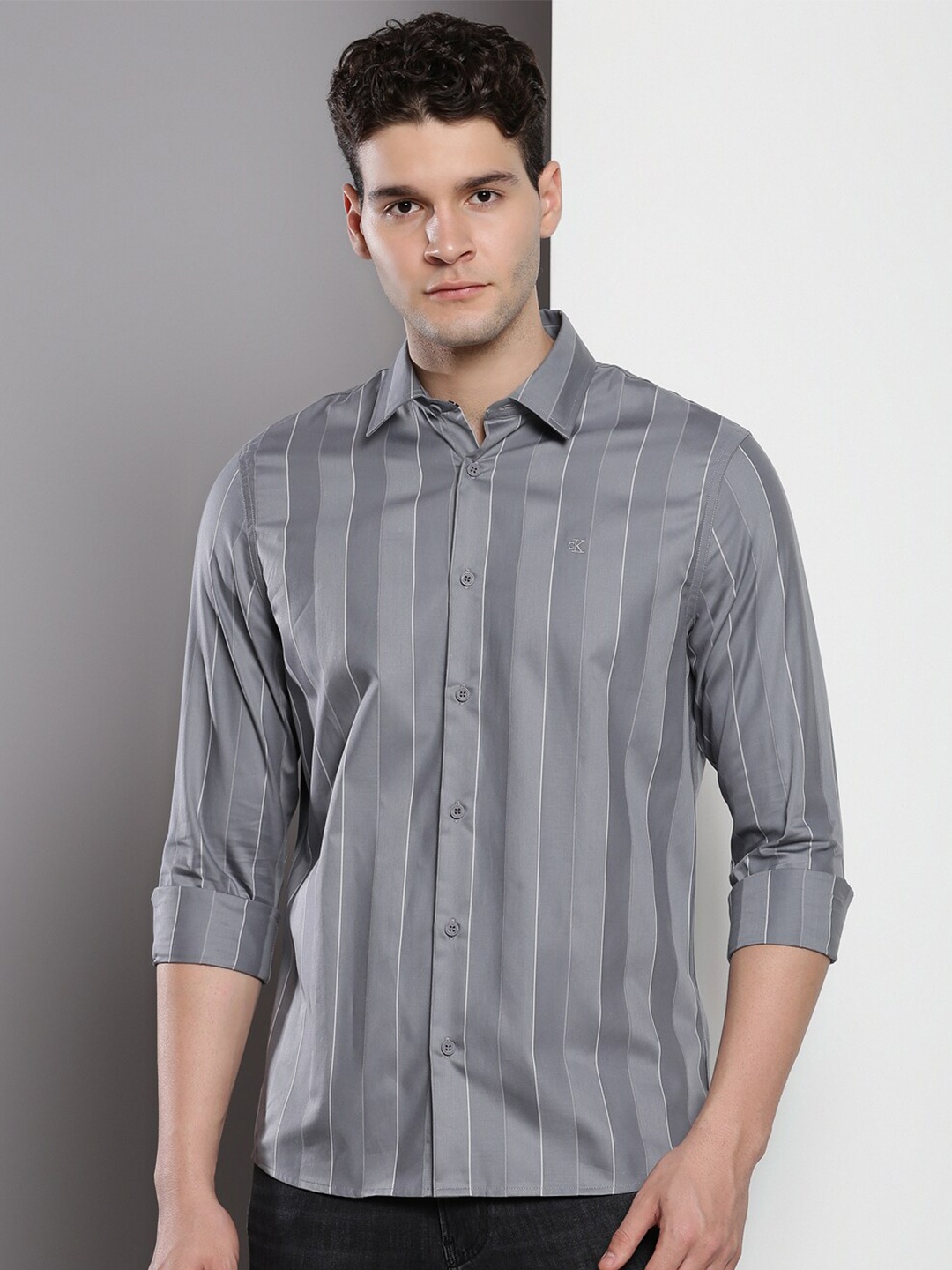 

Calvin Klein Jeans Striped Slim Fit Opaque Cotton Casual Shirt, Grey