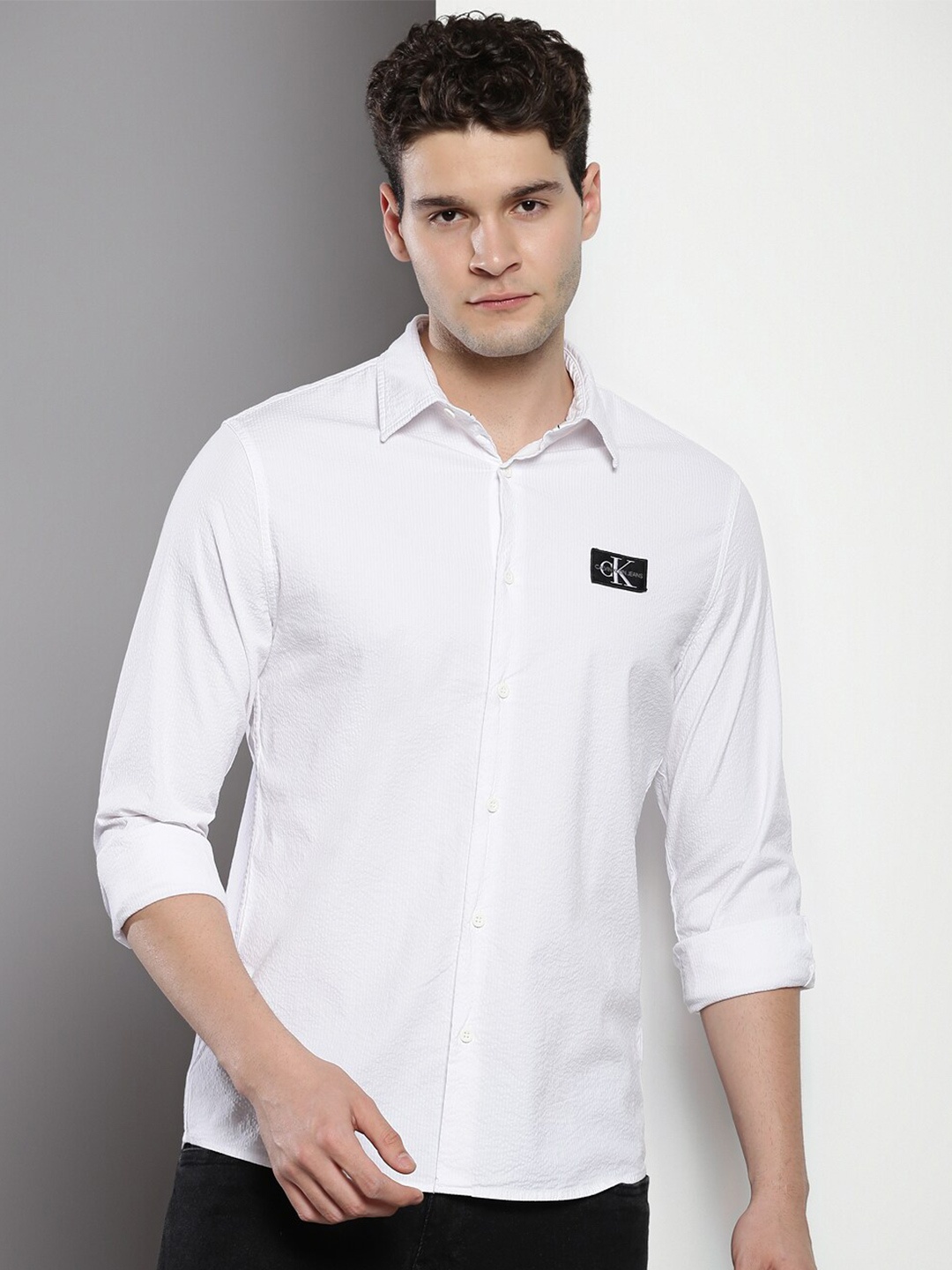 

Calvin Klein Spread Collar Opaque Cotton Casual Shirt, White