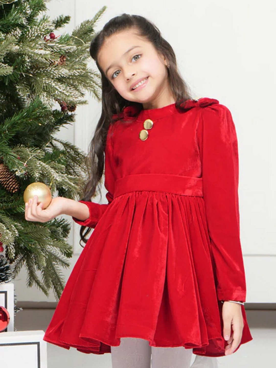 

THE PONY & PEONY CO. Girls Round Neck Bell Sleeve Velvet A-Line Dress, Red