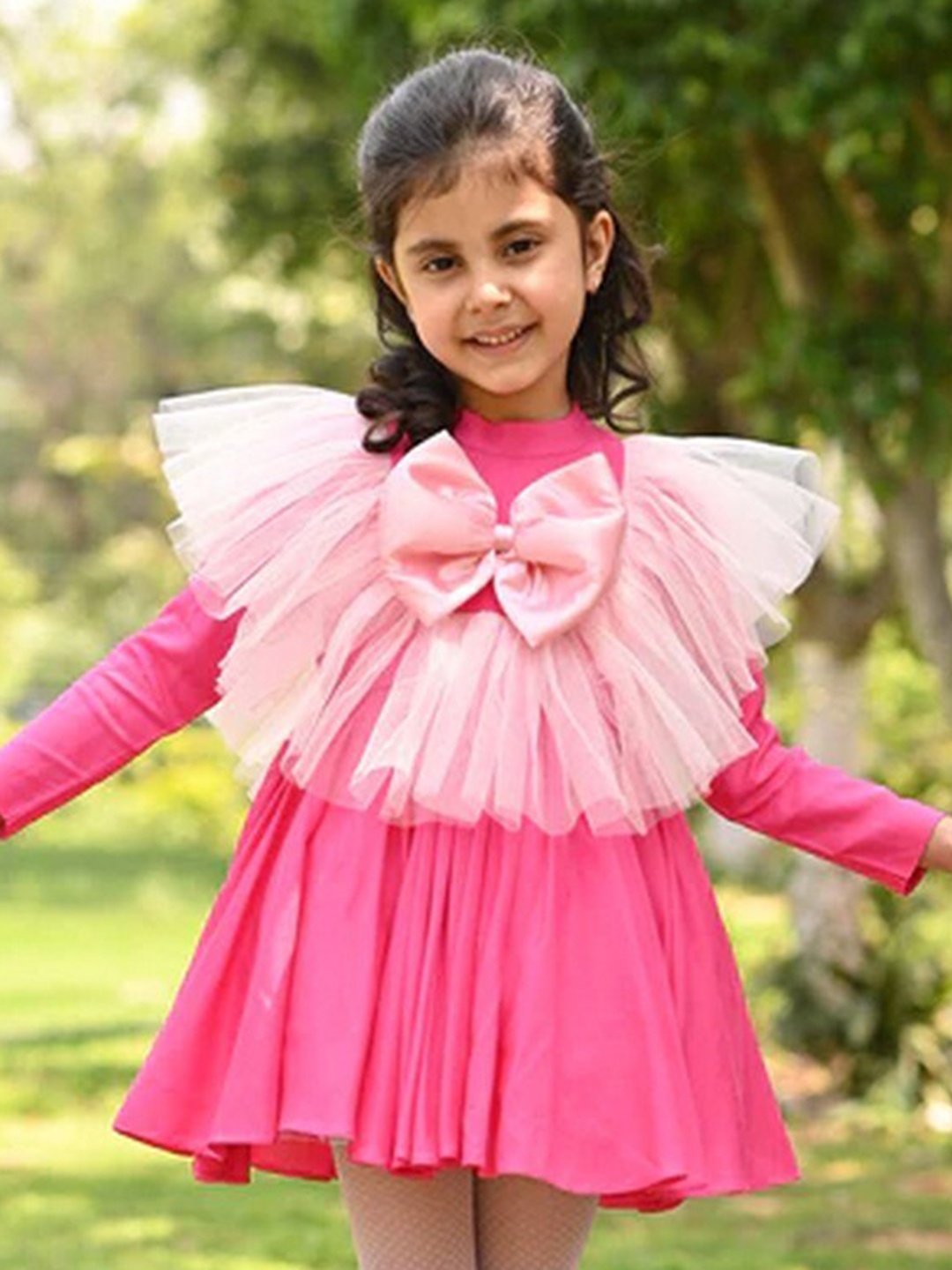 

THE PONY & PEONY CO. Girls Round Neck Bow Detail Fit & Flare Dress, Pink