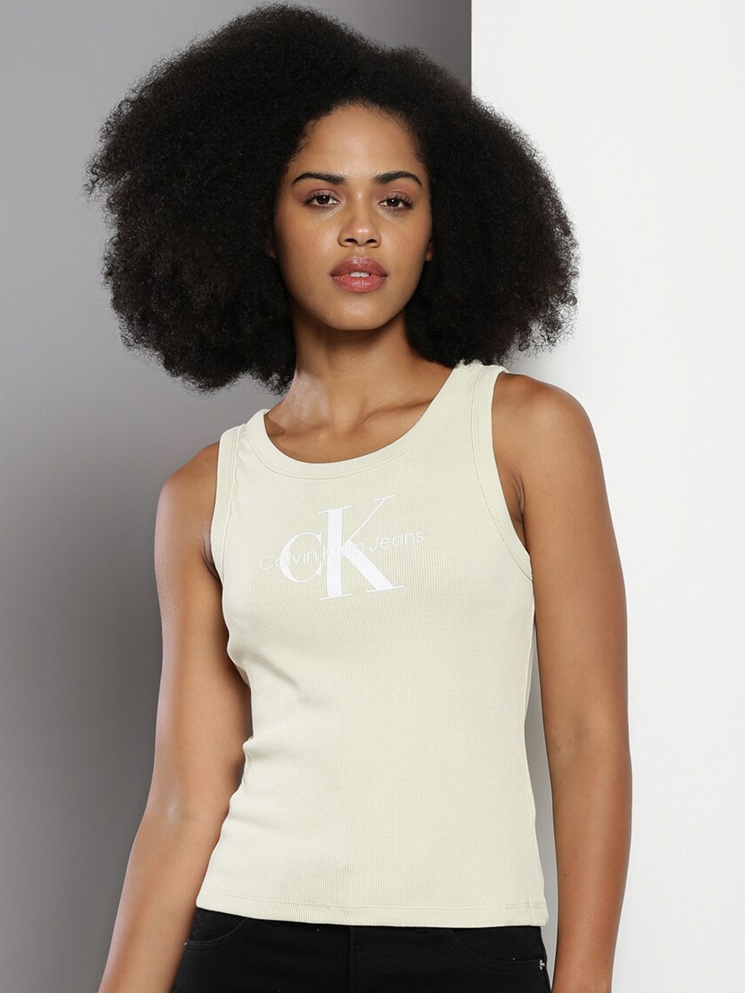 Calvin Klein Typography Printed Round Neck Sleeveless Cotton Tank Top, Tan