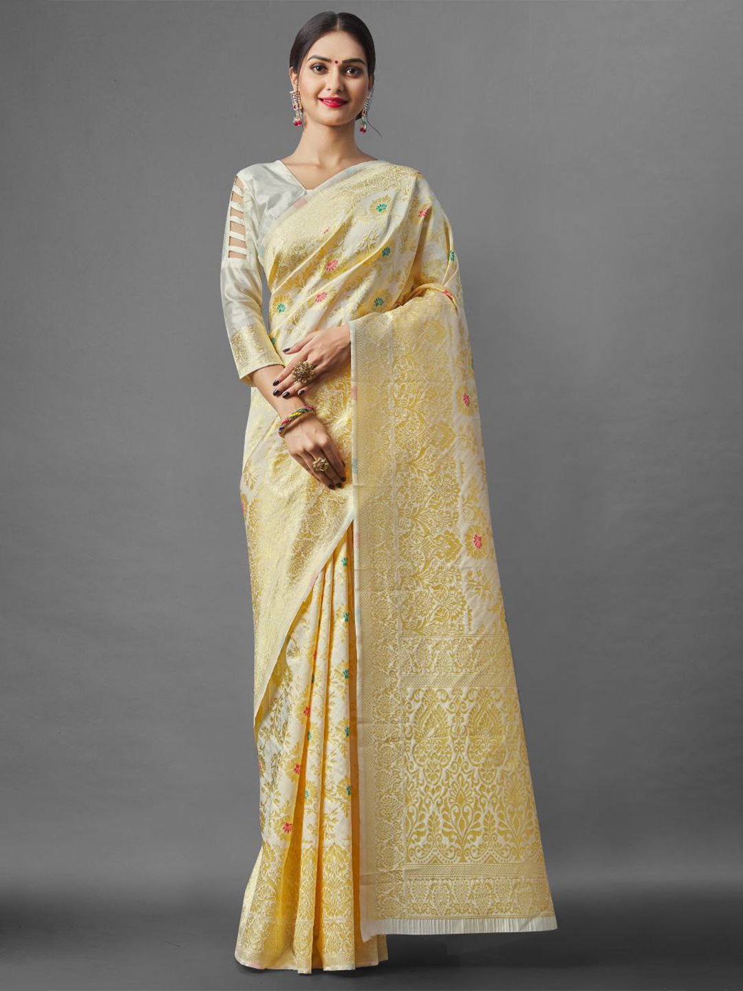 

Jinax Ethnic Motifs Woven Design Zari Banarasi Saree, Cream