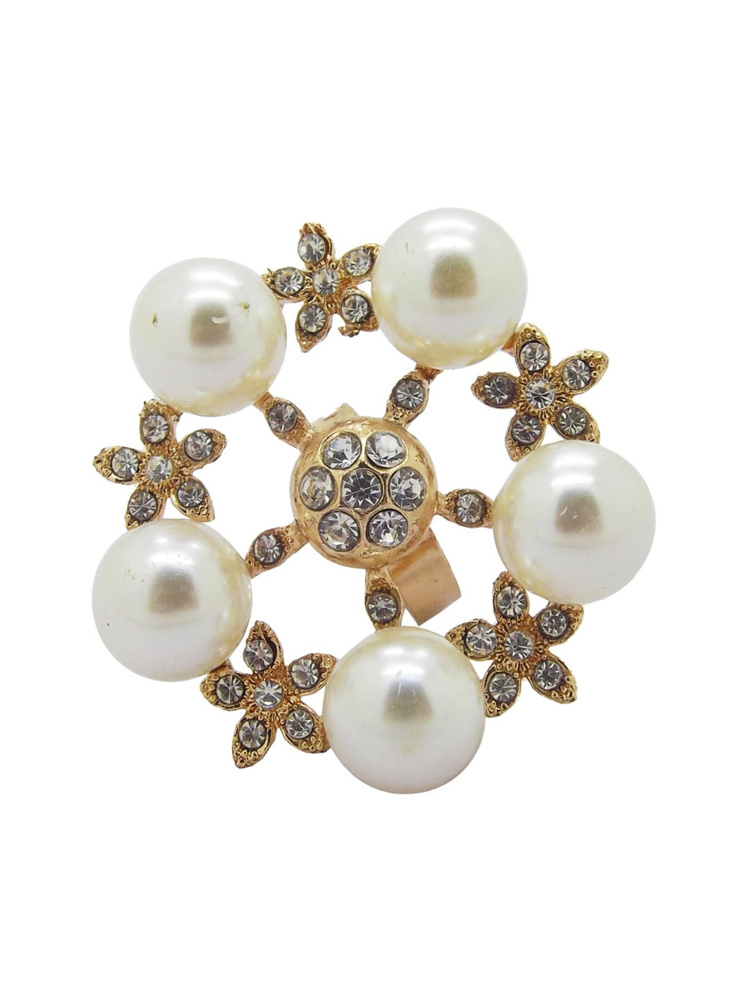 

FEMMIBELLA Gold-Plated Cubic Zirconia Stone Studded & Pearls Beaded Finger Ring