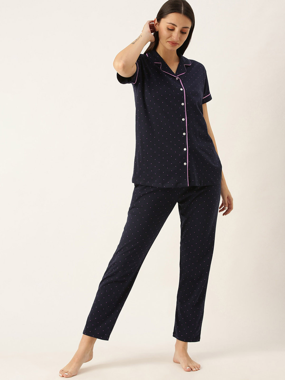 

beebelle Navy Blue Polka Dot Printed Pure Cotton Night Suit