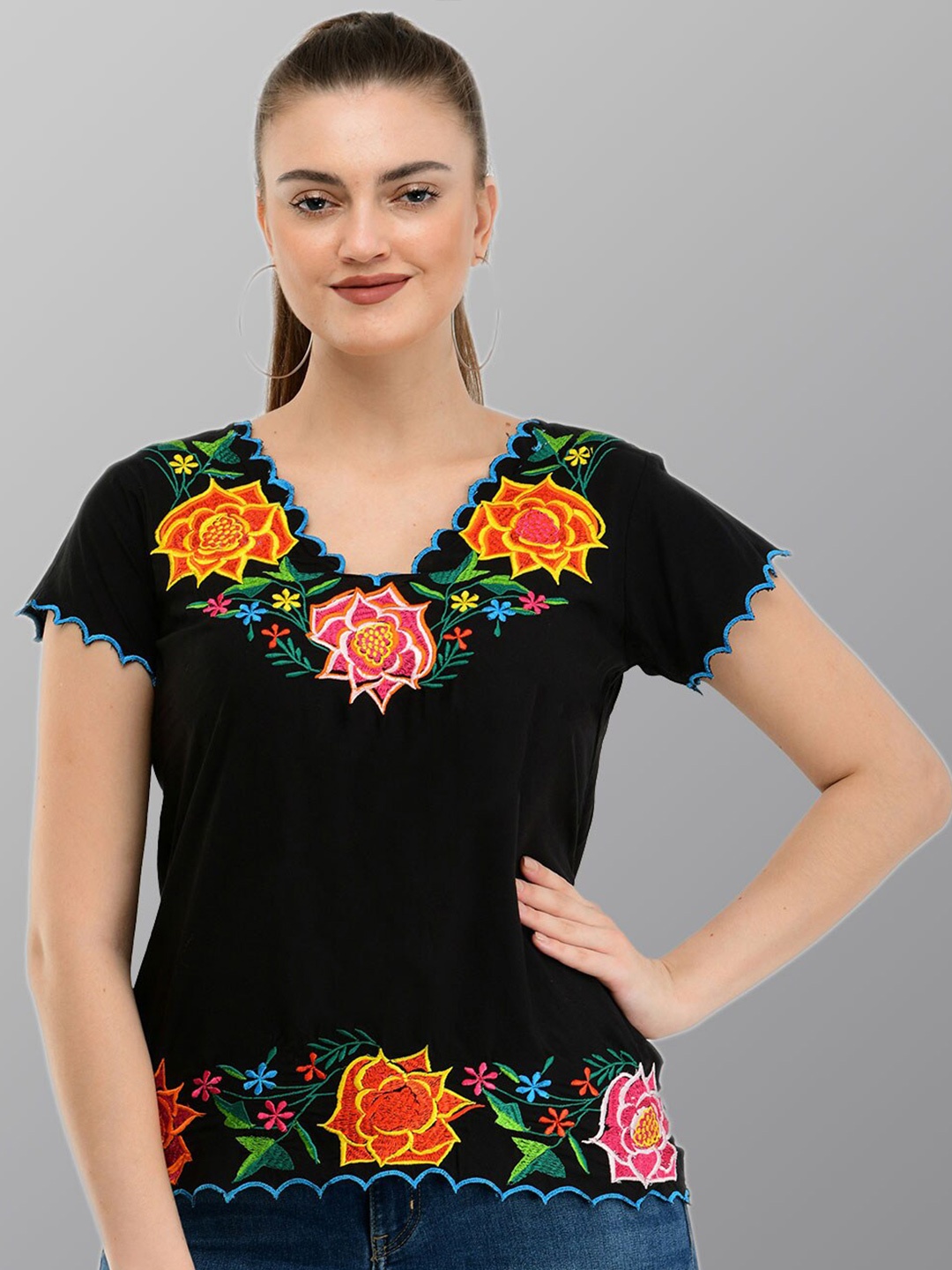 

TAARAA Floral Embroidered V-Neck Top, Black