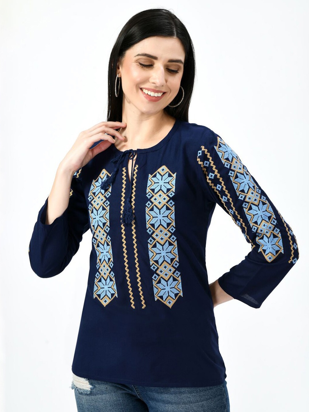 

TAARAA Ethnic Motifs Embroidered Tie-Up Neck Top, Navy blue